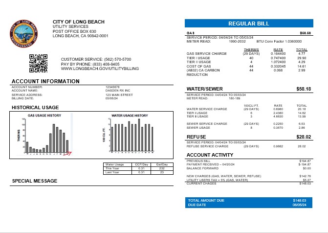USA City of Long Beach business utility bill template in Word and PDF formats